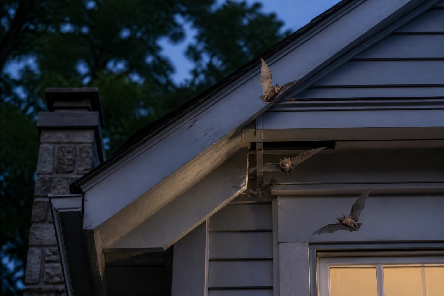 Little brown bats emerging from a residential roofline gap at dusk