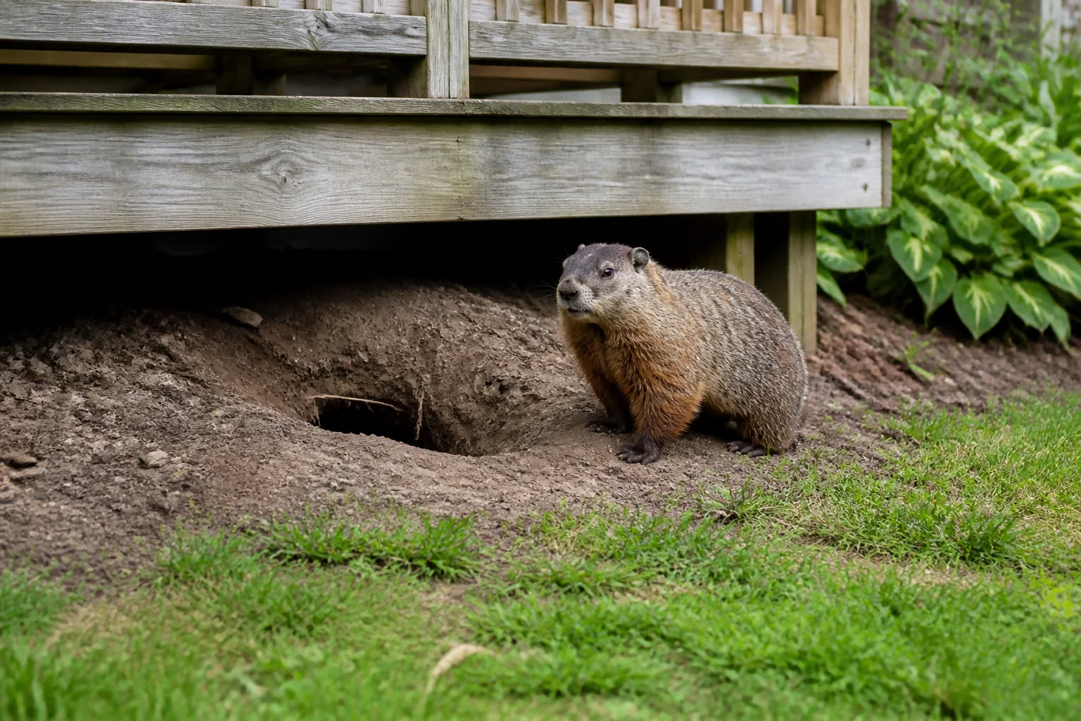 Groundhog beside an active burrow beneath a backyard deck