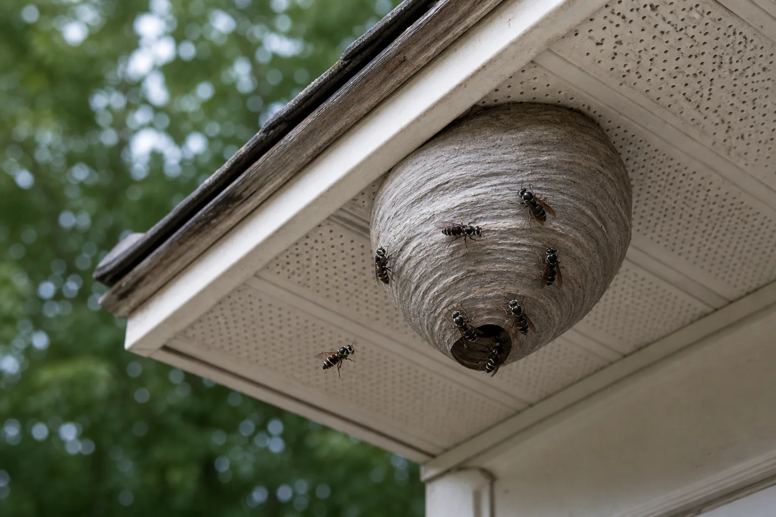Bald-faced hornet nest beneath a residential eave