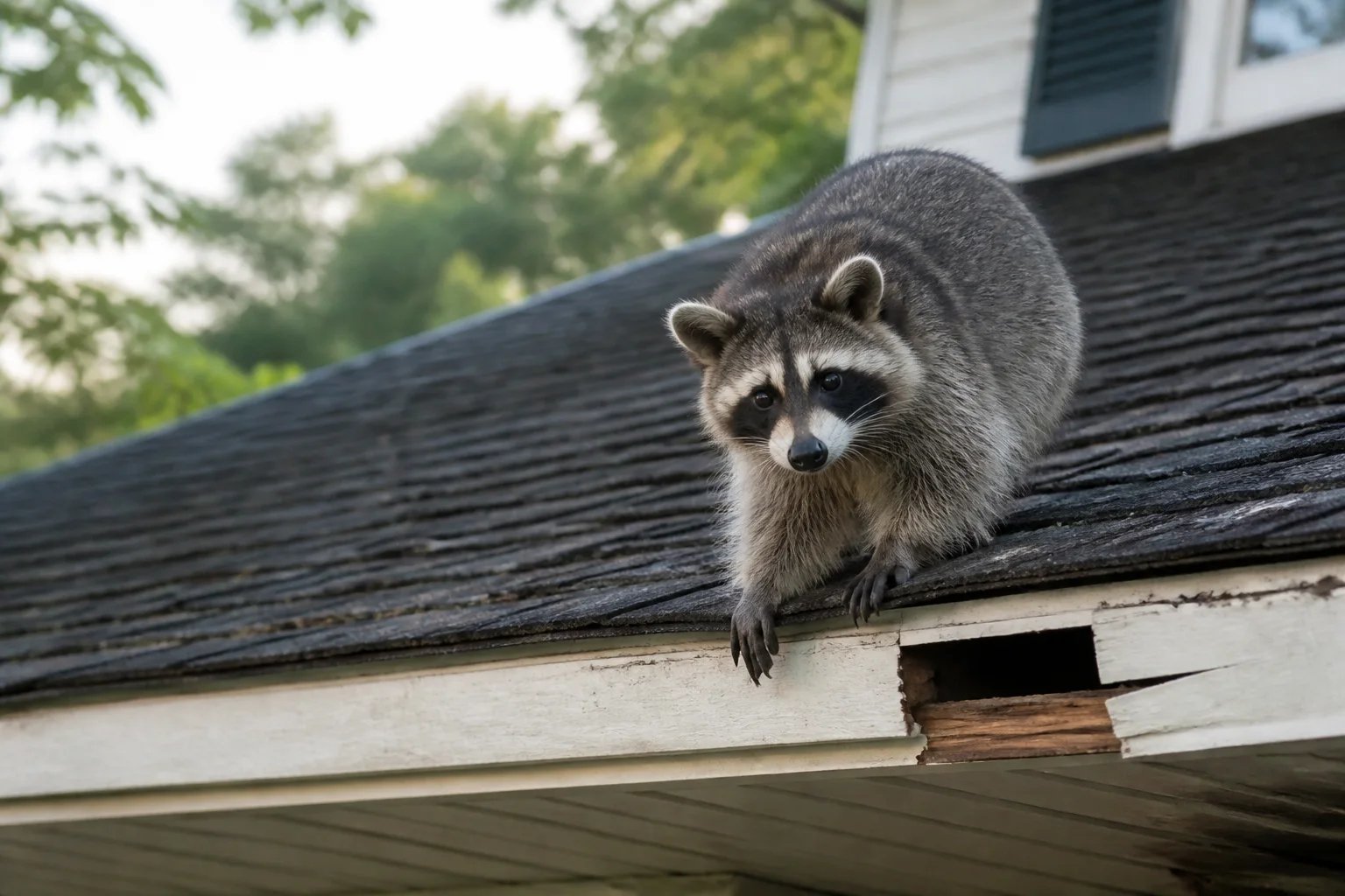 Raccoon beside a damaged soffit opening on a residential roof