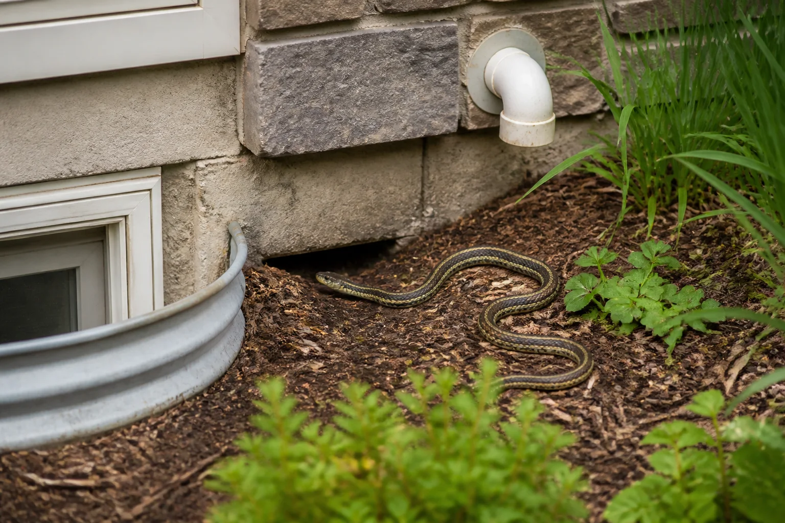 Garter snake beside a residential foundation opening