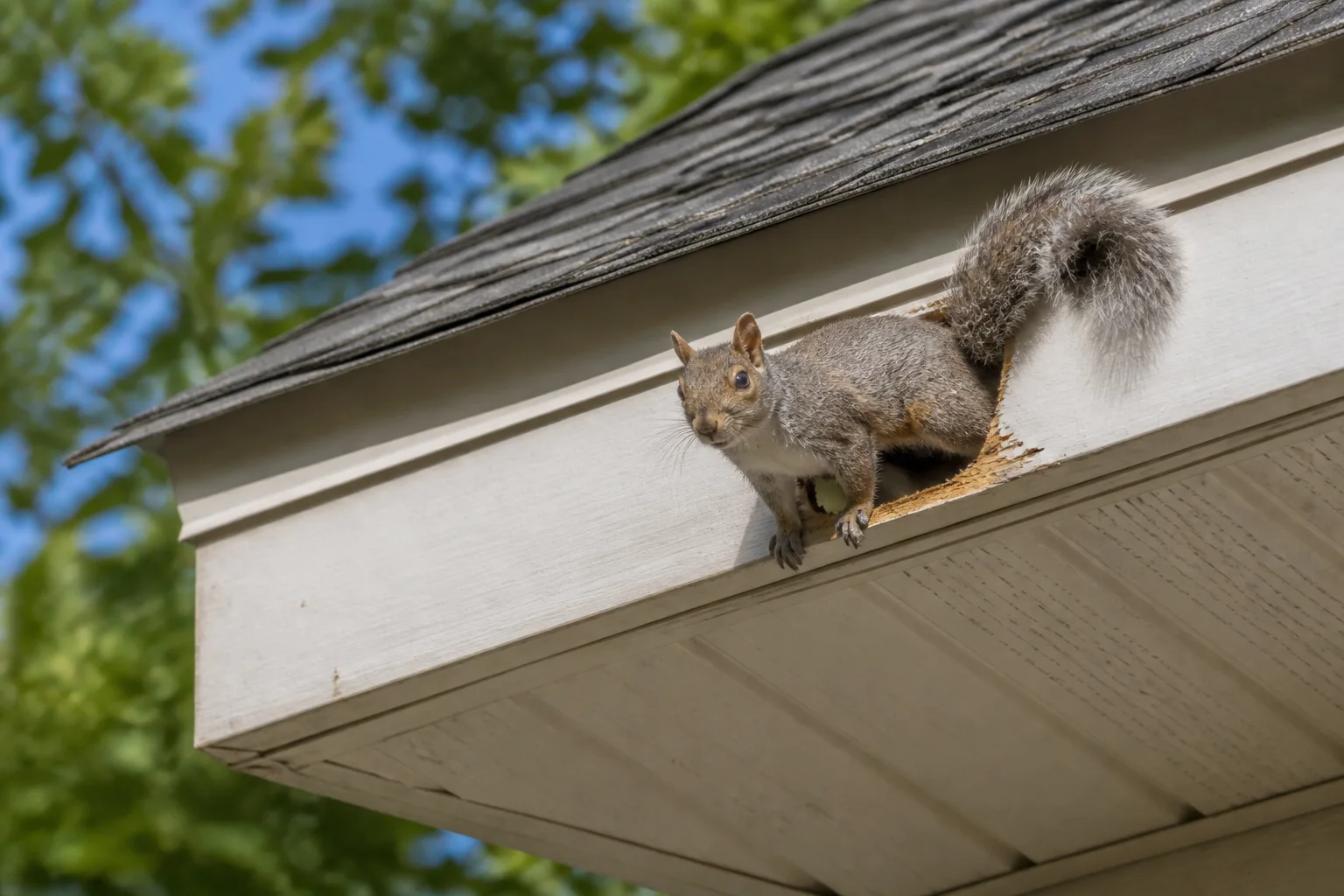 Eastern gray squirrel at a chewed residential soffit opening